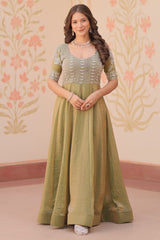Olive Green Soft Organza Silk Anarkali Kurti with Cutdana and Sequin Bodice