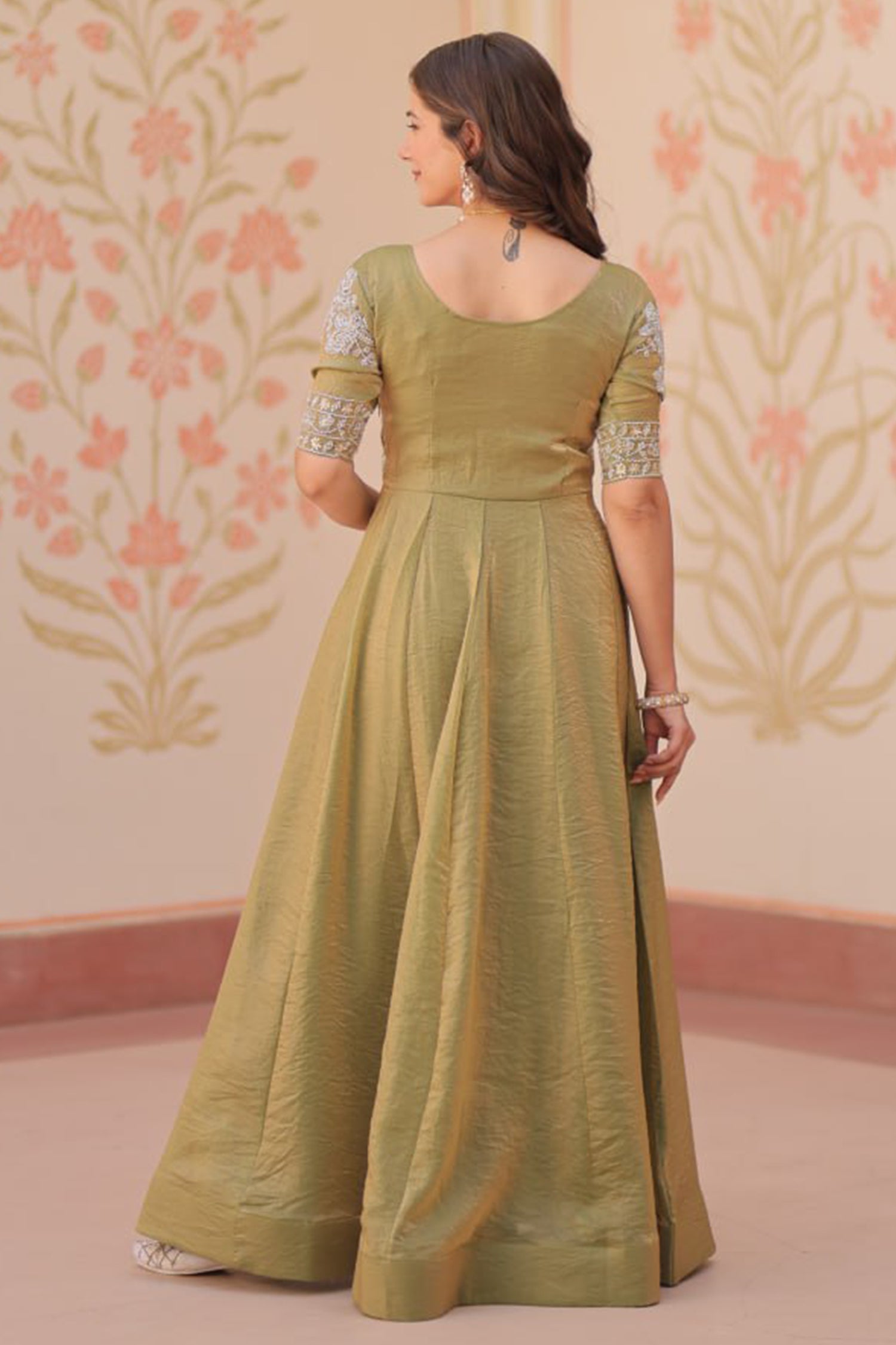Olive Green Soft Organza Silk Anarkali Kurti with Cutdana and Sequin Bodice