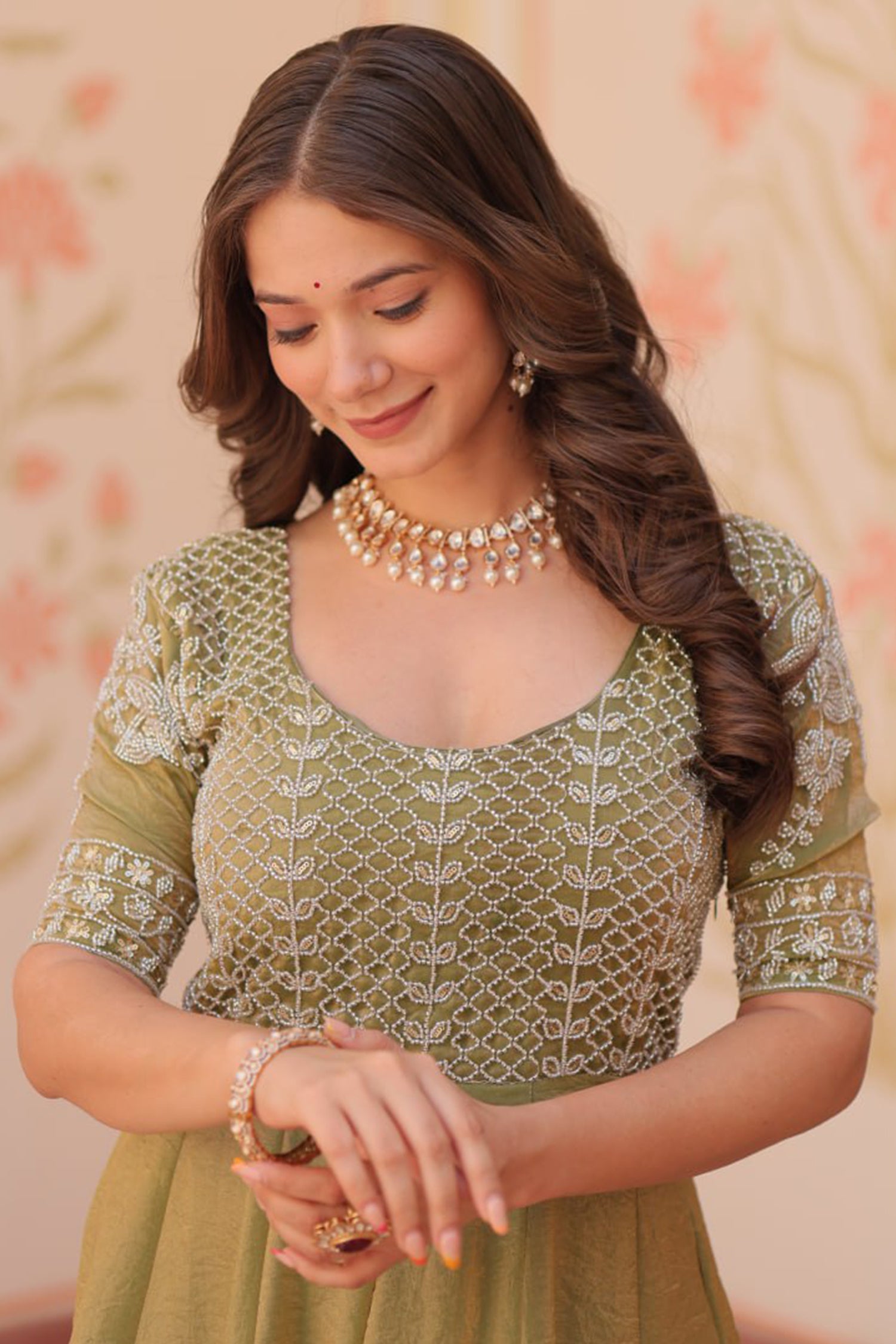 Olive Green Soft Organza Silk Anarkali Kurti with Cutdana and Sequin Bodice