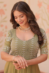 Olive Green Soft Organza Silk Anarkali Kurti with Cutdana and Sequin Bodice