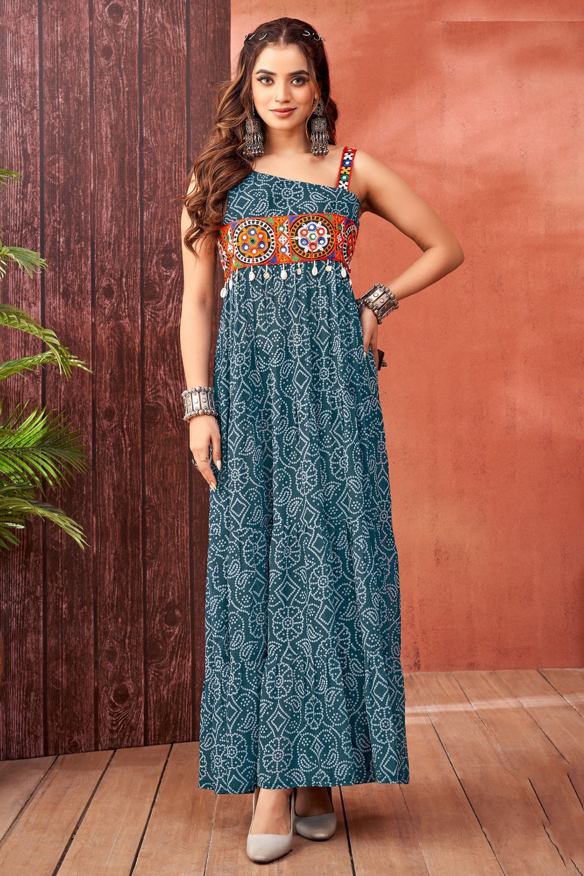 Rama Blue Georgette Bandhej Printed Kurti with Kachchi Work