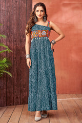 Rama Blue Georgette Bandhej Printed Kurti with Kachchi Work