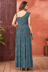 Rama Blue Georgette Bandhej Printed Kurti with Kachchi Work