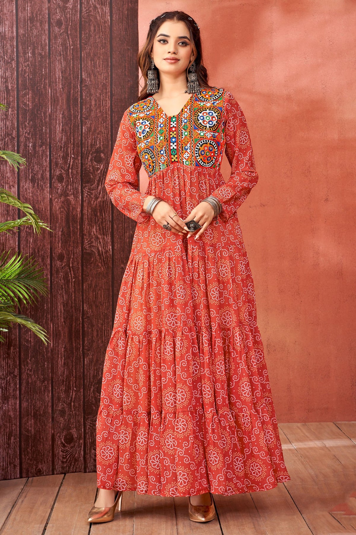 Orange Georgette Bandhej Printed Kurti with Kachchi Work
