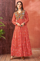 Orange Georgette Bandhej Printed Kurti with Kachchi Work
