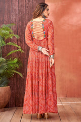 Orange Georgette Bandhej Printed Kurti with Kachchi Work