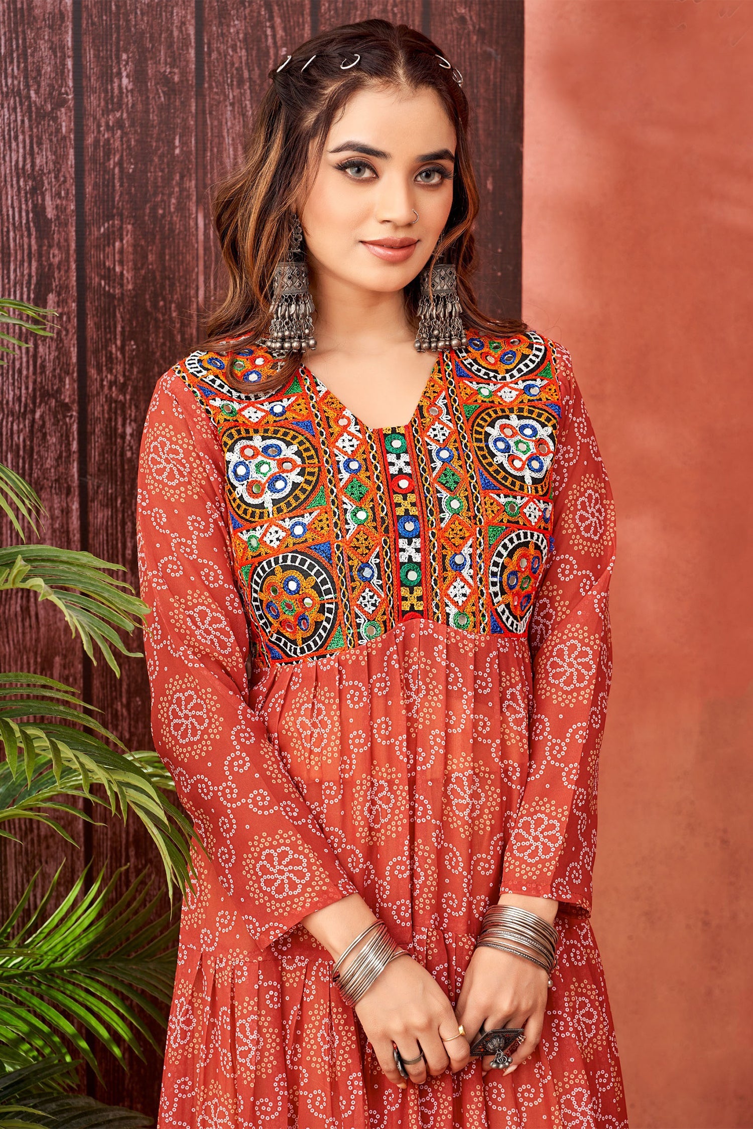Orange Georgette Bandhej Printed Kurti with Kachchi Work