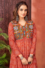 Orange Georgette Bandhej Printed Kurti with Kachchi Work