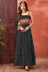 Black Georgette Bandhej Printed Kurti with Kachchi Work