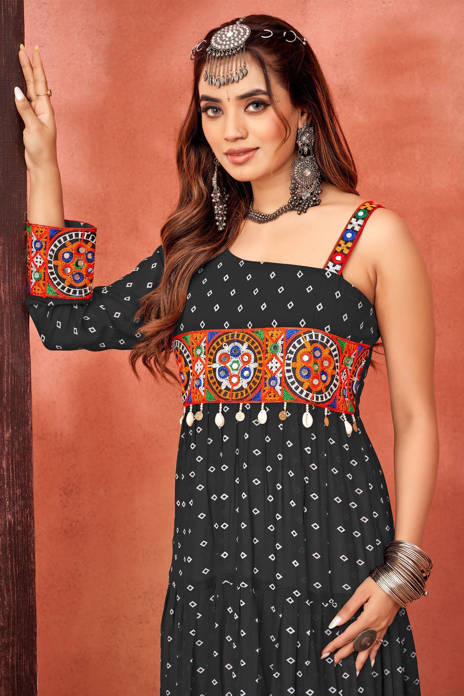 Black Georgette Bandhej Printed Kurti with Kachchi Work