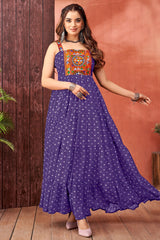 Violet Purple Georgette Bandhej Printed Kurti with Kachchi Work