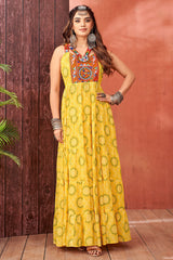 Yellow Georgette Bandhej Printed Kurti with Kachchi Work