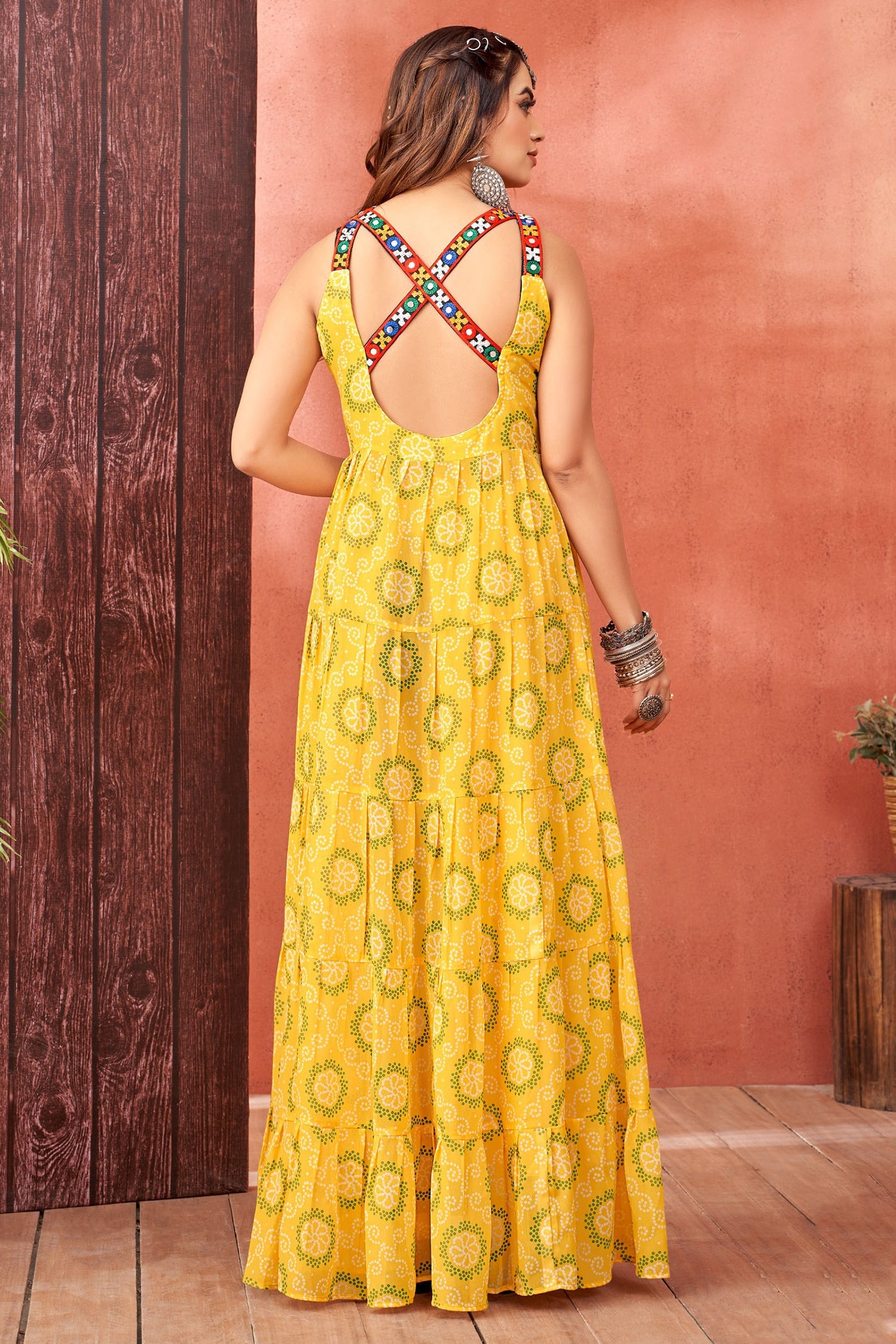 Yellow Georgette Bandhej Printed Kurti with Kachchi Work