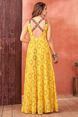 Yellow Georgette Bandhej Printed Kurti with Kachchi Work