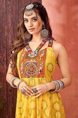 Yellow Georgette Bandhej Printed Kurti with Kachchi Work