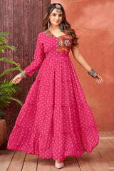 Pink Georgette One Shoulder Bandhej Printed Kurti with Kachchi Work
