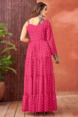 Pink Georgette One Shoulder Bandhej Printed Kurti with Kachchi Work