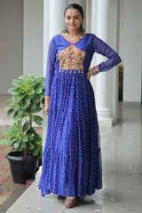 Blue Georgette Bandhej Printed Long Kurti with Kachchi Work