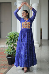 Blue Georgette Bandhej Printed Long Kurti with Kachchi Work