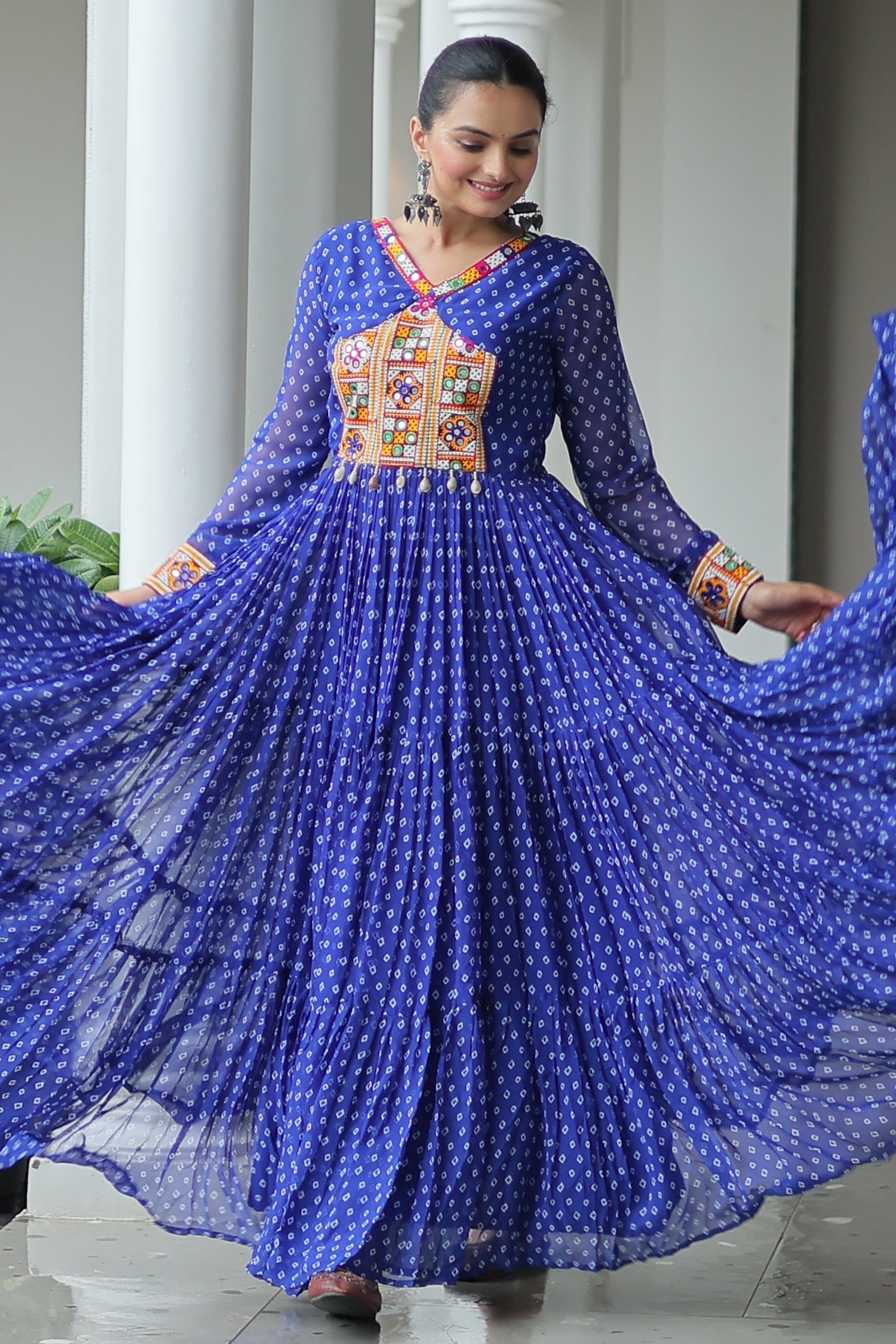 Blue Georgette Bandhej Printed Long Kurti with Kachchi Work