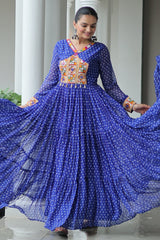 Blue Georgette Bandhej Printed Long Kurti with Kachchi Work