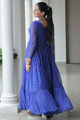 Blue Georgette Bandhej Printed Long Kurti with Kachchi Work