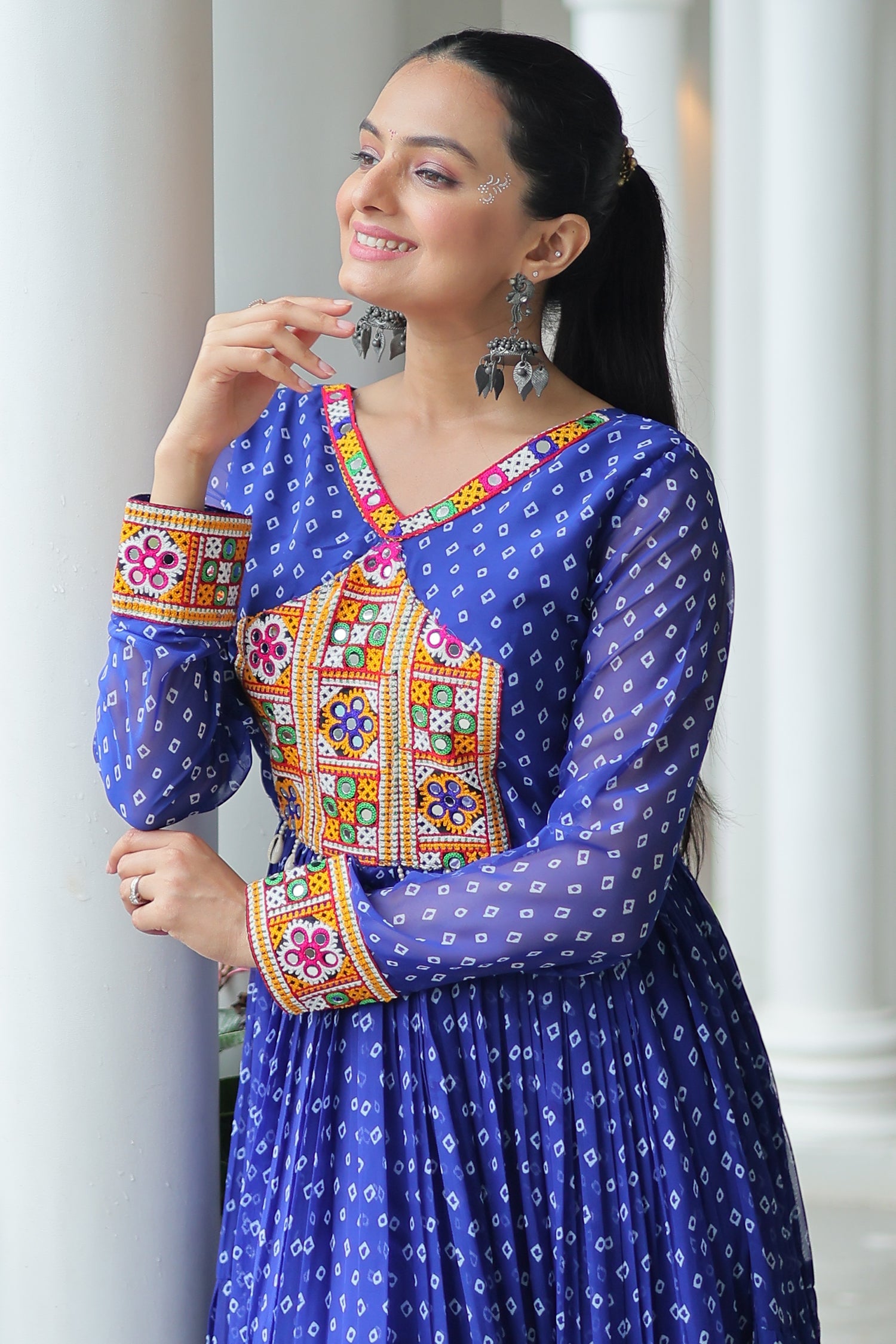 Blue Georgette Bandhej Printed Long Kurti with Kachchi Work