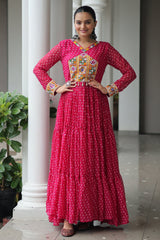 Pink Georgette Bandhej Printed Long Kurti with Kachchi Work