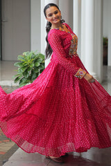 Pink Georgette Bandhej Printed Long Kurti with Kachchi Work
