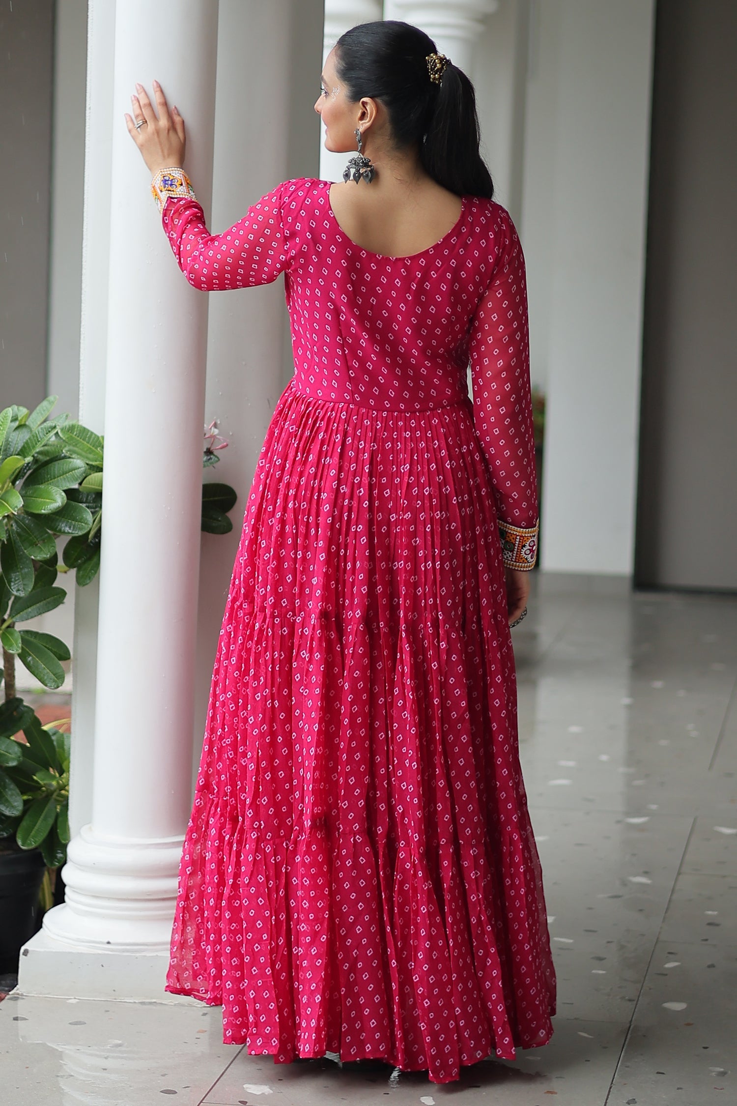 Pink Georgette Bandhej Printed Long Kurti with Kachchi Work