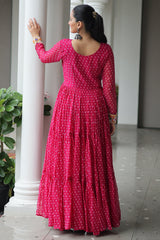 Pink Georgette Bandhej Printed Long Kurti with Kachchi Work