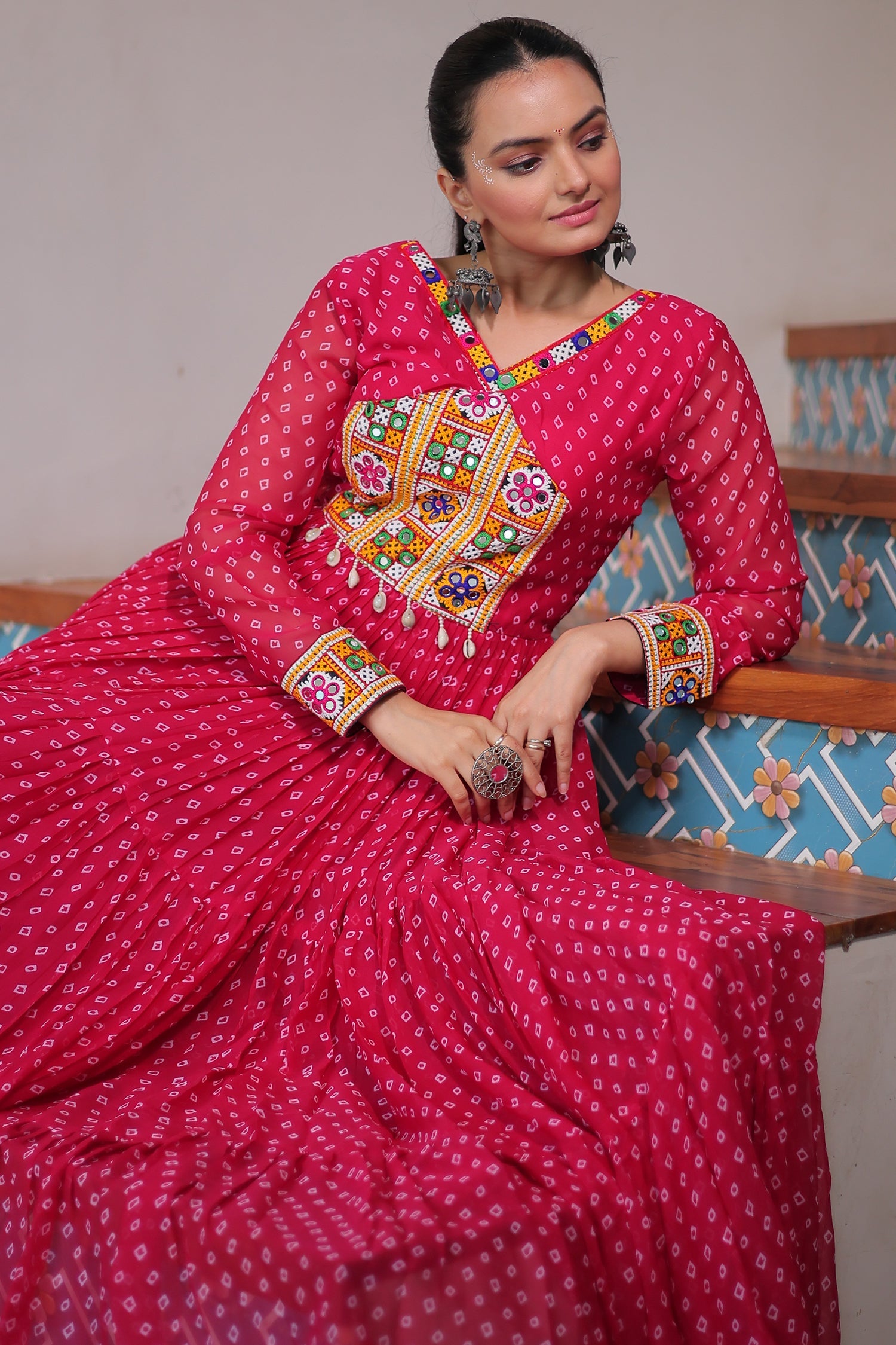 Pink Georgette Bandhej Printed Long Kurti with Kachchi Work