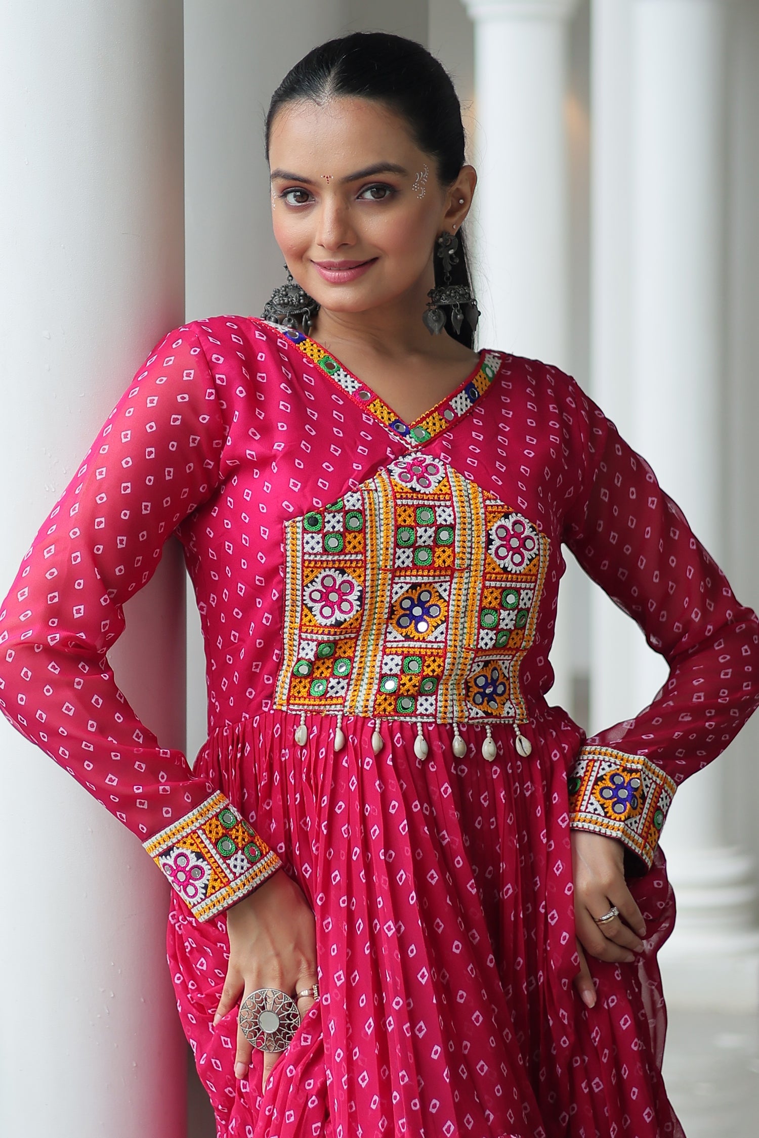 Pink Georgette Bandhej Printed Long Kurti with Kachchi Work