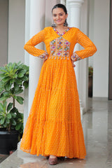 Orange Georgette Bandhej Printed Long Kurti with Kachchi Work