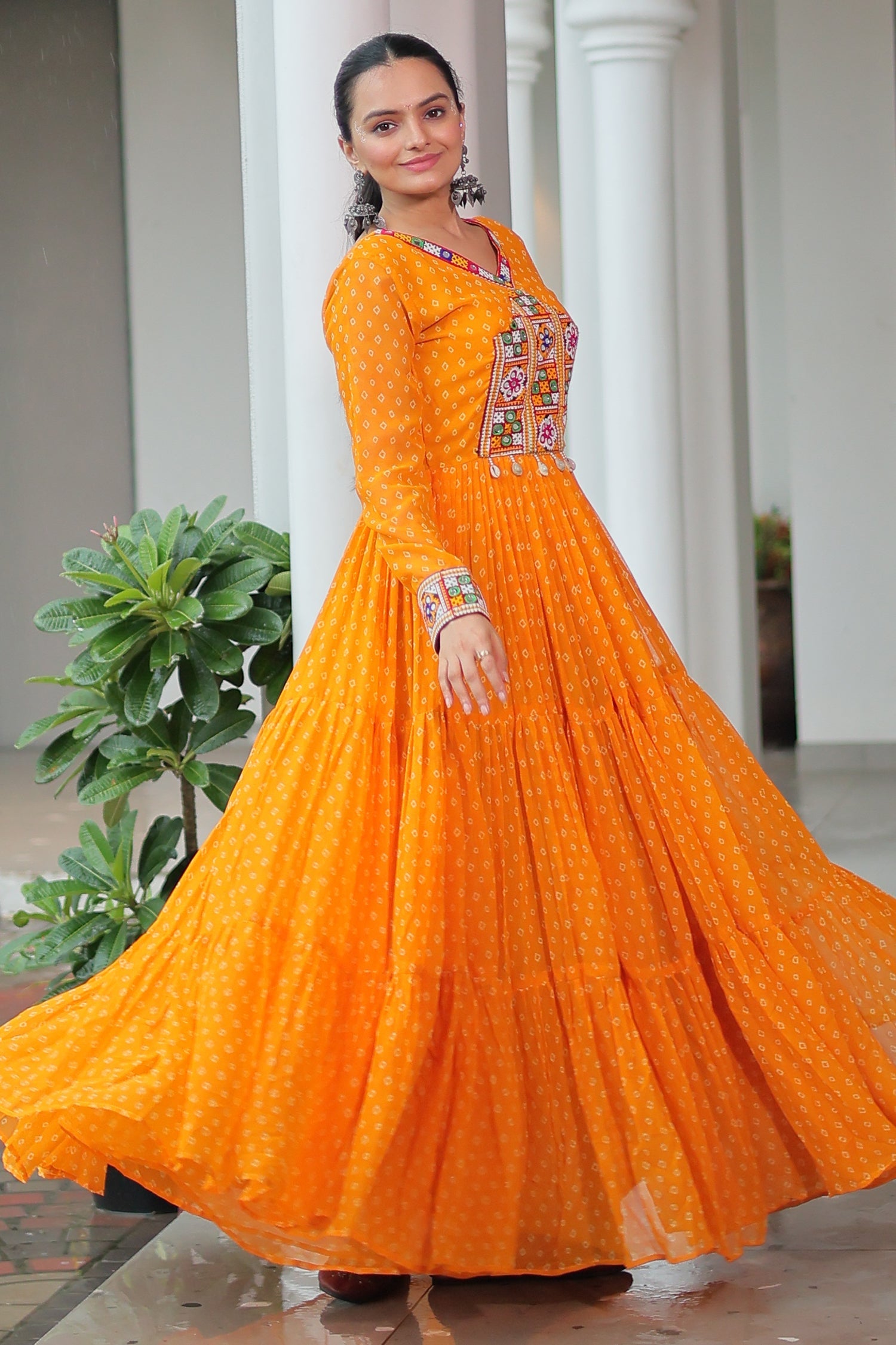 Orange Georgette Bandhej Printed Long Kurti with Kachchi Work