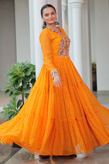 Orange Georgette Bandhej Printed Long Kurti with Kachchi Work