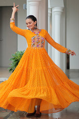 Orange Georgette Bandhej Printed Long Kurti with Kachchi Work