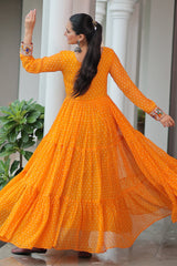 Orange Georgette Bandhej Printed Long Kurti with Kachchi Work