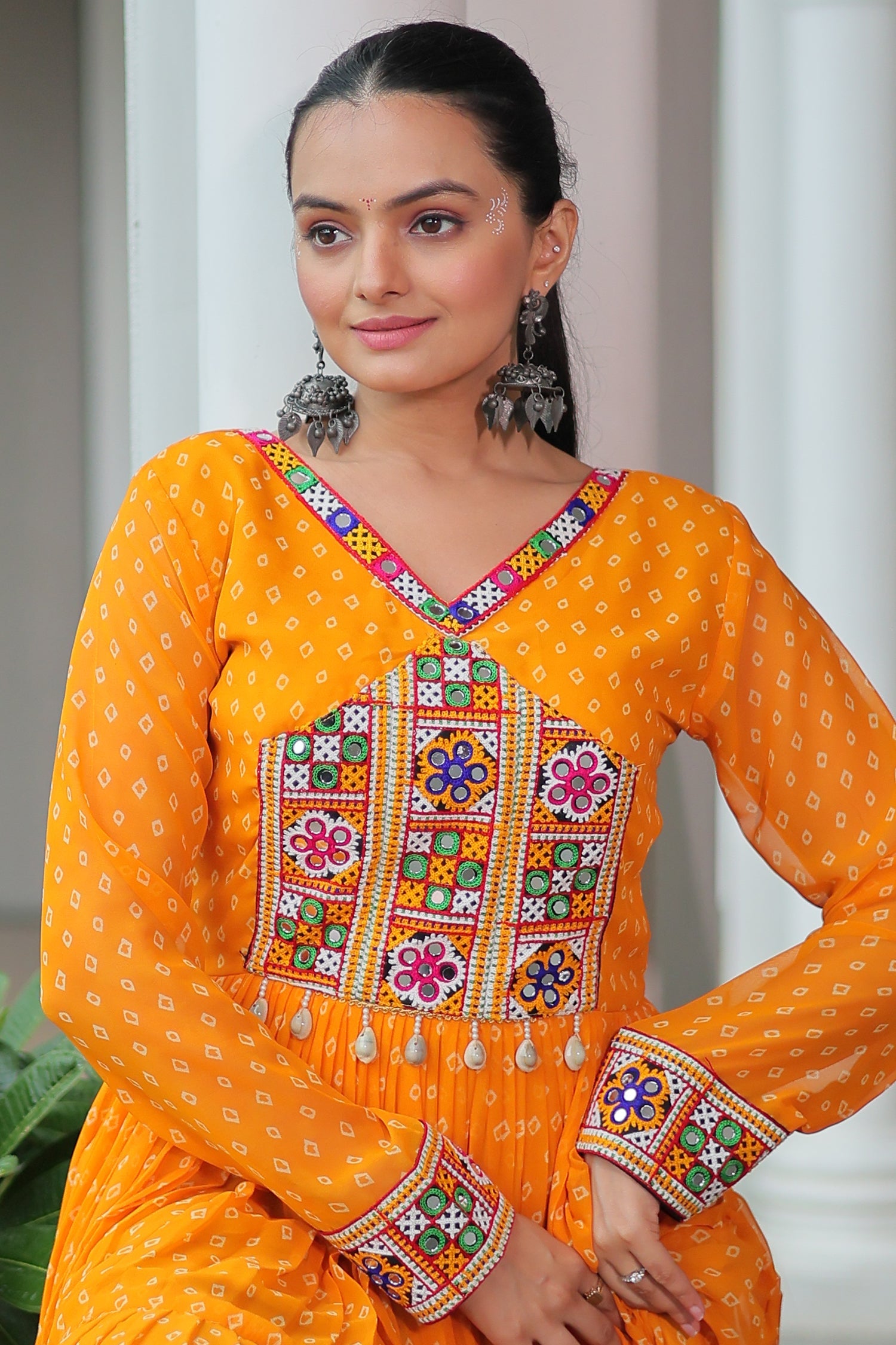 Orange Georgette Bandhej Printed Long Kurti with Kachchi Work