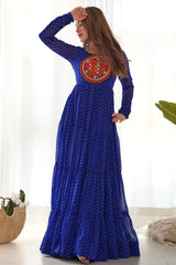 Blue Georgette Leheriya Printed Long Kurti with Kachchi Work