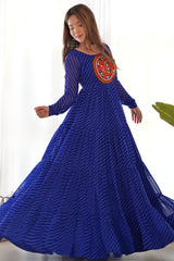 Blue Georgette Leheriya Printed Long Kurti with Kachchi Work