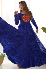 Blue Georgette Leheriya Printed Long Kurti with Kachchi Work