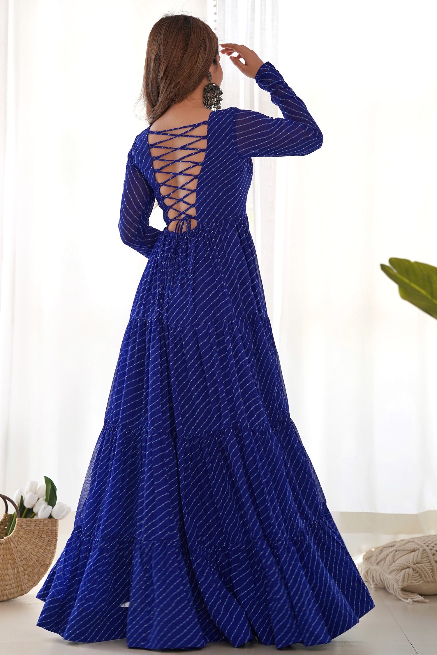 Blue Georgette Leheriya Printed Long Kurti with Kachchi Work