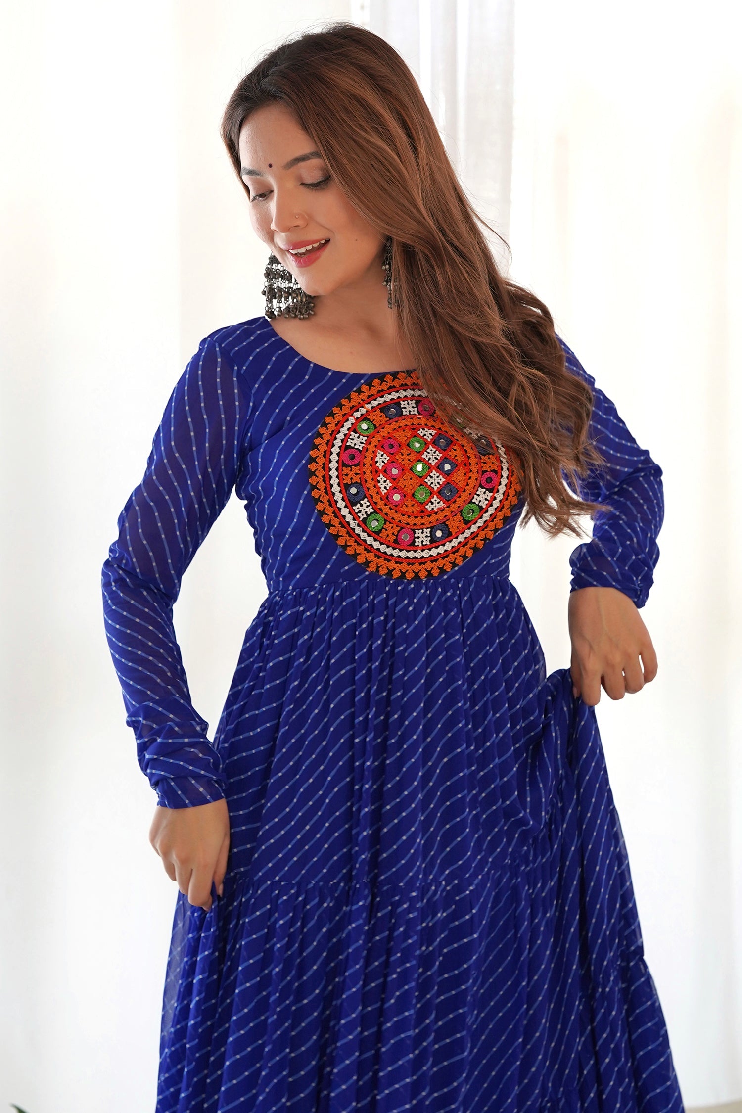 Blue Georgette Leheriya Printed Long Kurti with Kachchi Work