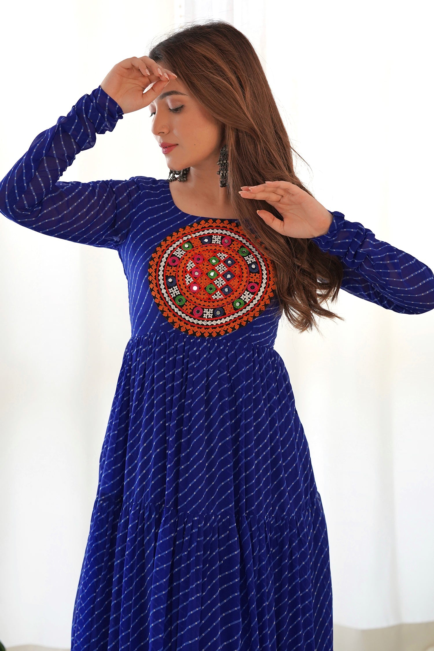 Blue Georgette Leheriya Printed Long Kurti with Kachchi Work