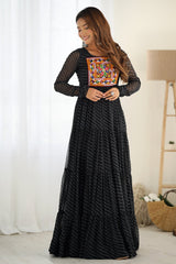 Black Georgette Leheriya Printed Long Kurti with Kachchi Work