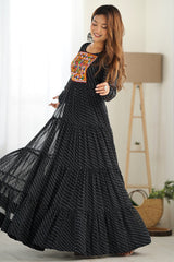 Black Georgette Leheriya Printed Long Kurti with Kachchi Work