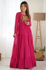 Pink Leheriya Printed Long Kurti with Kachchi Work