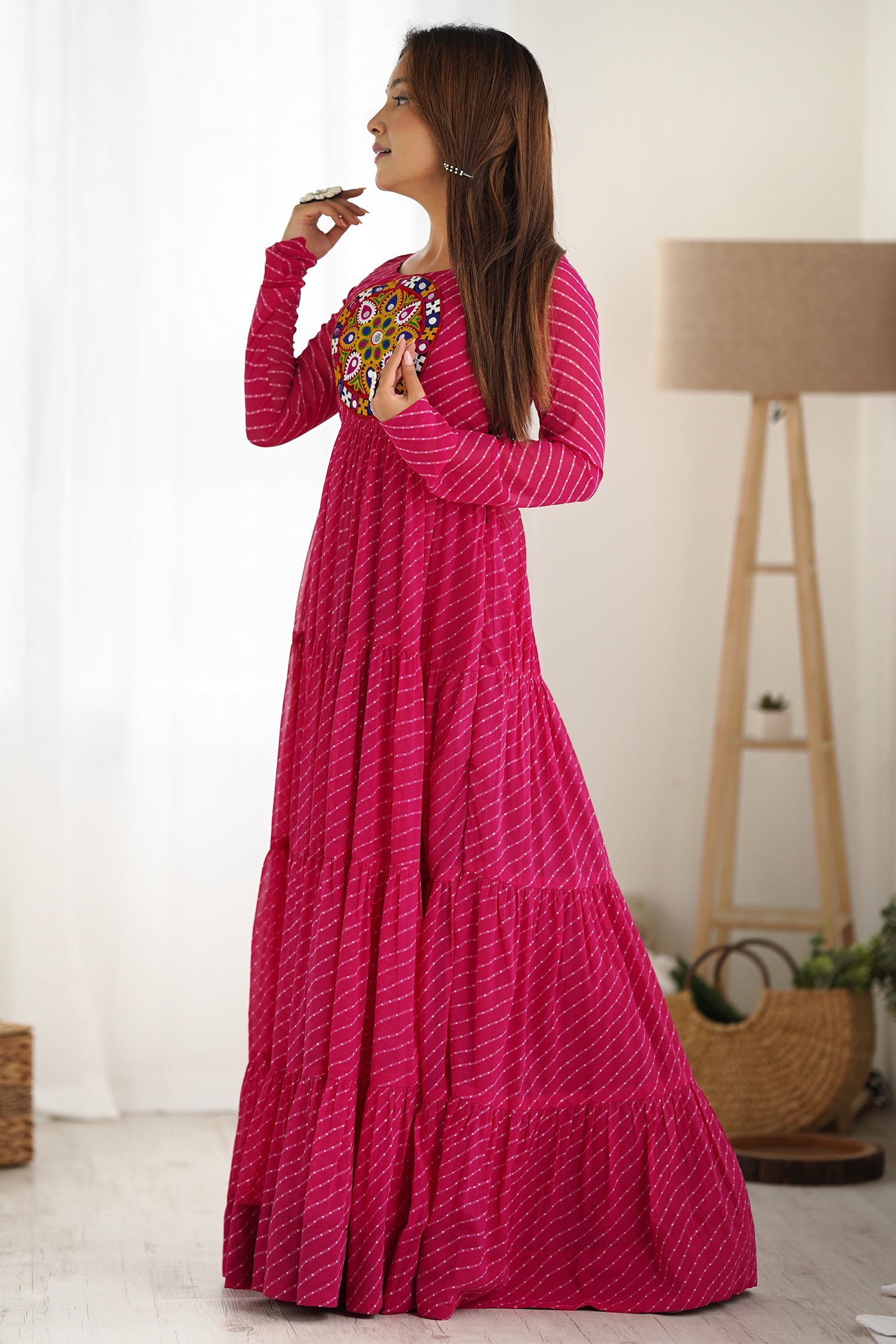 Pink Leheriya Printed Long Kurti with Kachchi Work