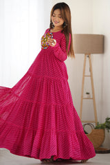 Pink Leheriya Printed Long Kurti with Kachchi Work